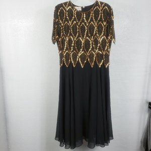 Laurence Kazar NY Women's Lined Gold Sequined Copper Beaded Black Dress Gown